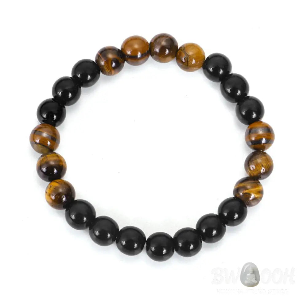 BWOOOH Tibetan Black Onyx and Tiger Eye protection necklace mala set, handcrafted at 86cm length with a complementary 16cm bracelet, featuring deep black onyx beads alongside luminous golden-brown tiger eye, ideal for spiritual grounding. - View 8