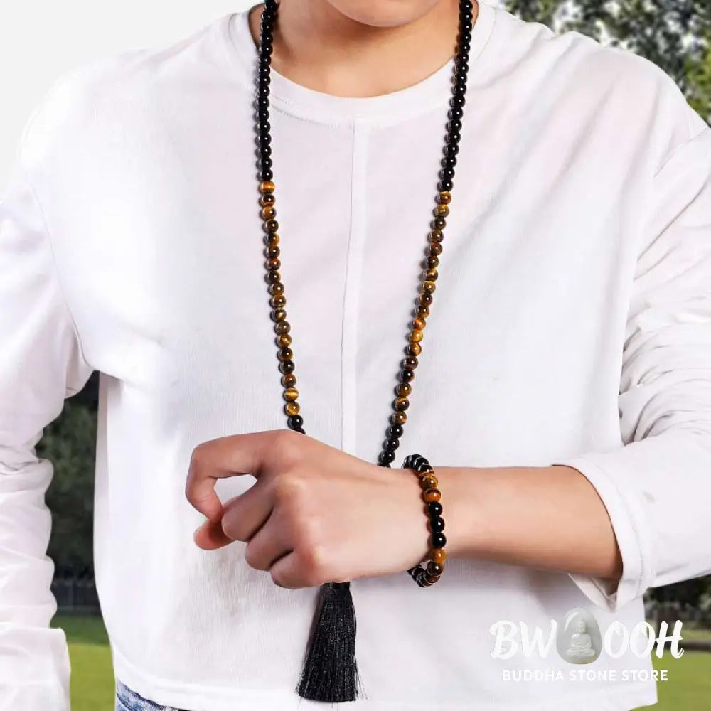 BWOOOH Tibetan Black Onyx and Tiger Eye protection necklace mala set, handcrafted at 86cm length with a complementary 16cm bracelet, featuring deep black onyx beads alongside luminous golden-brown tiger eye, ideal for spiritual grounding. - View 9