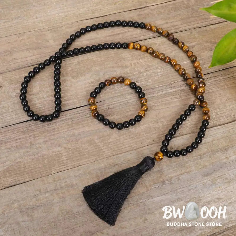 BWOOOH Tibetan Black Onyx and Tiger Eye protection necklace mala set, handcrafted at 86cm length with a complementary 16cm bracelet, featuring deep black onyx beads alongside luminous golden-brown tiger eye, ideal for spiritual grounding. - View 2