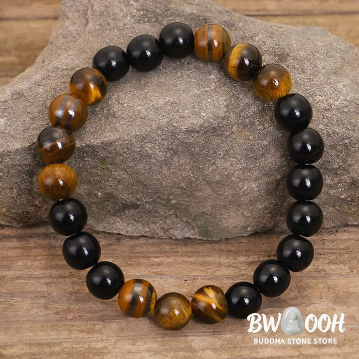 BWOOOH Tibetan Black Onyx and Tiger Eye protection necklace mala set, handcrafted at 86cm length with a complementary 16cm bracelet, featuring deep black onyx beads alongside luminous golden-brown tiger eye, ideal for spiritual grounding. - View 5