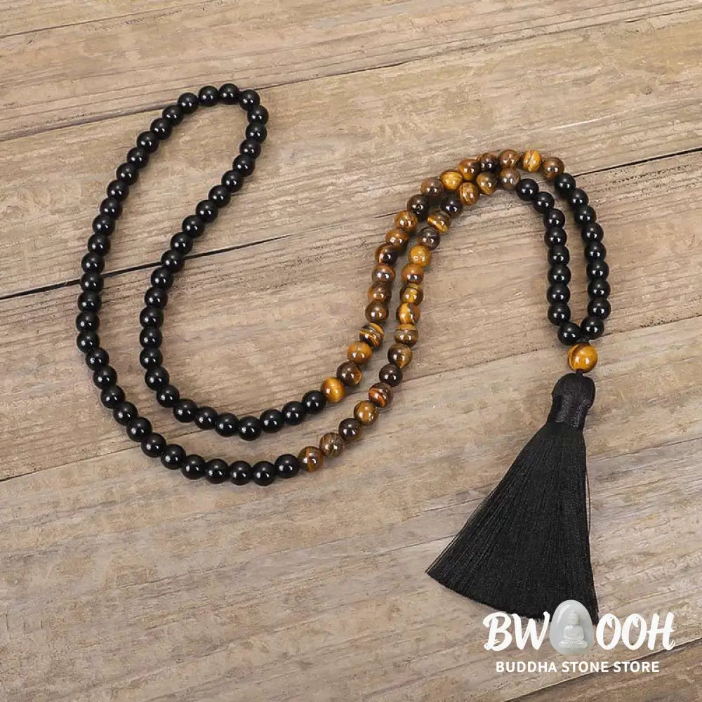 BWOOOH Tibetan Black Onyx and Tiger Eye protection necklace mala set, handcrafted at 86cm length with a complementary 16cm bracelet, featuring deep black onyx beads alongside luminous golden-brown tiger eye, ideal for spiritual grounding. - View 4