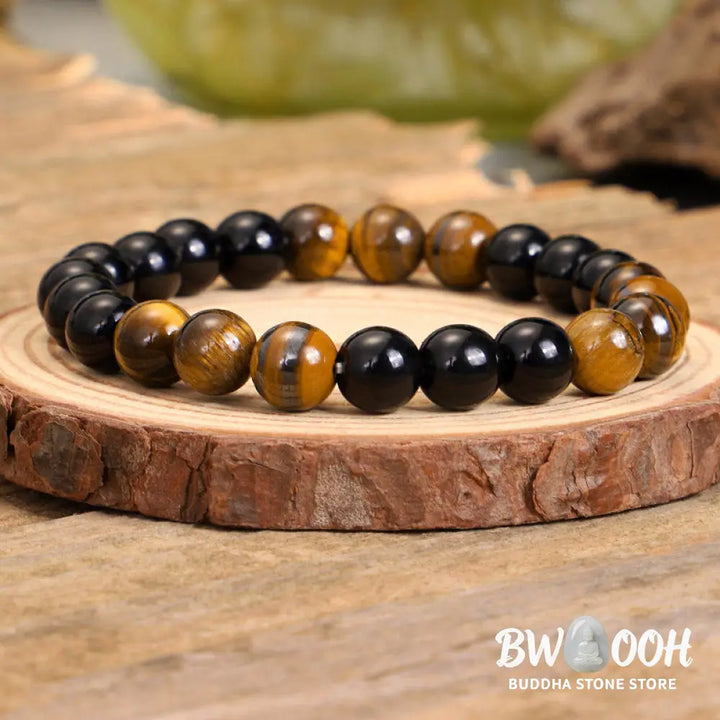 BWOOOH Tibetan Black Onyx and Tiger Eye protection necklace mala set, handcrafted at 86cm length with a complementary 16cm bracelet, featuring deep black onyx beads alongside luminous golden-brown tiger eye, ideal for spiritual grounding. - View 6