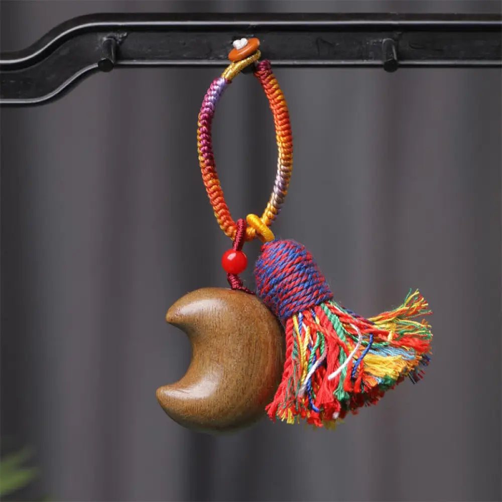 Buddha Stones Tibetan Colored Rope Green Sandalwood Star Moon Peace Key Chain - Moon (29*32mm) - Key Chain
