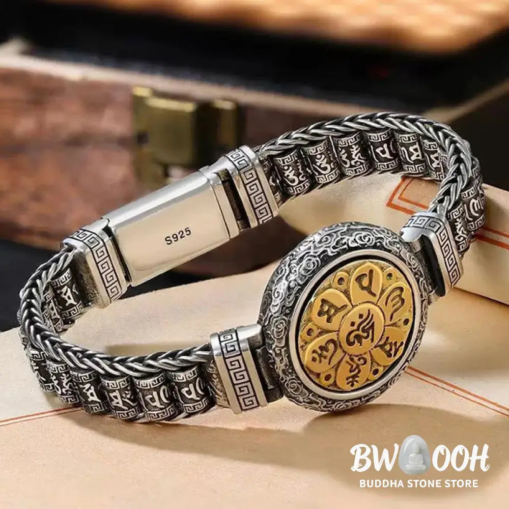 Buddha Stones Tibetan Copper Buckle Om Mani Padme Hum Turntable Rotatable Peace Metal Bracelet - BWOOOH - Bracelet