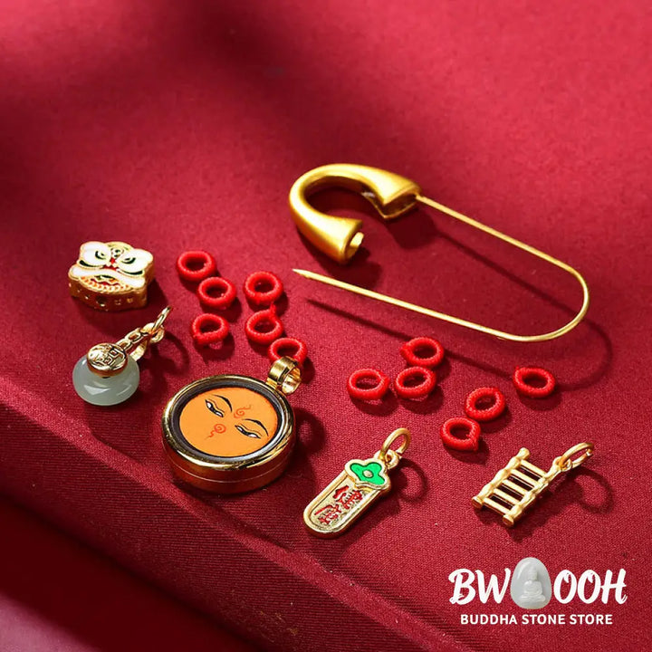 Buddha Stones Tibetan Dancing Lion Jade Peace Buckle Fu Character Safe And Well Copper Luck Brooch - Brooch