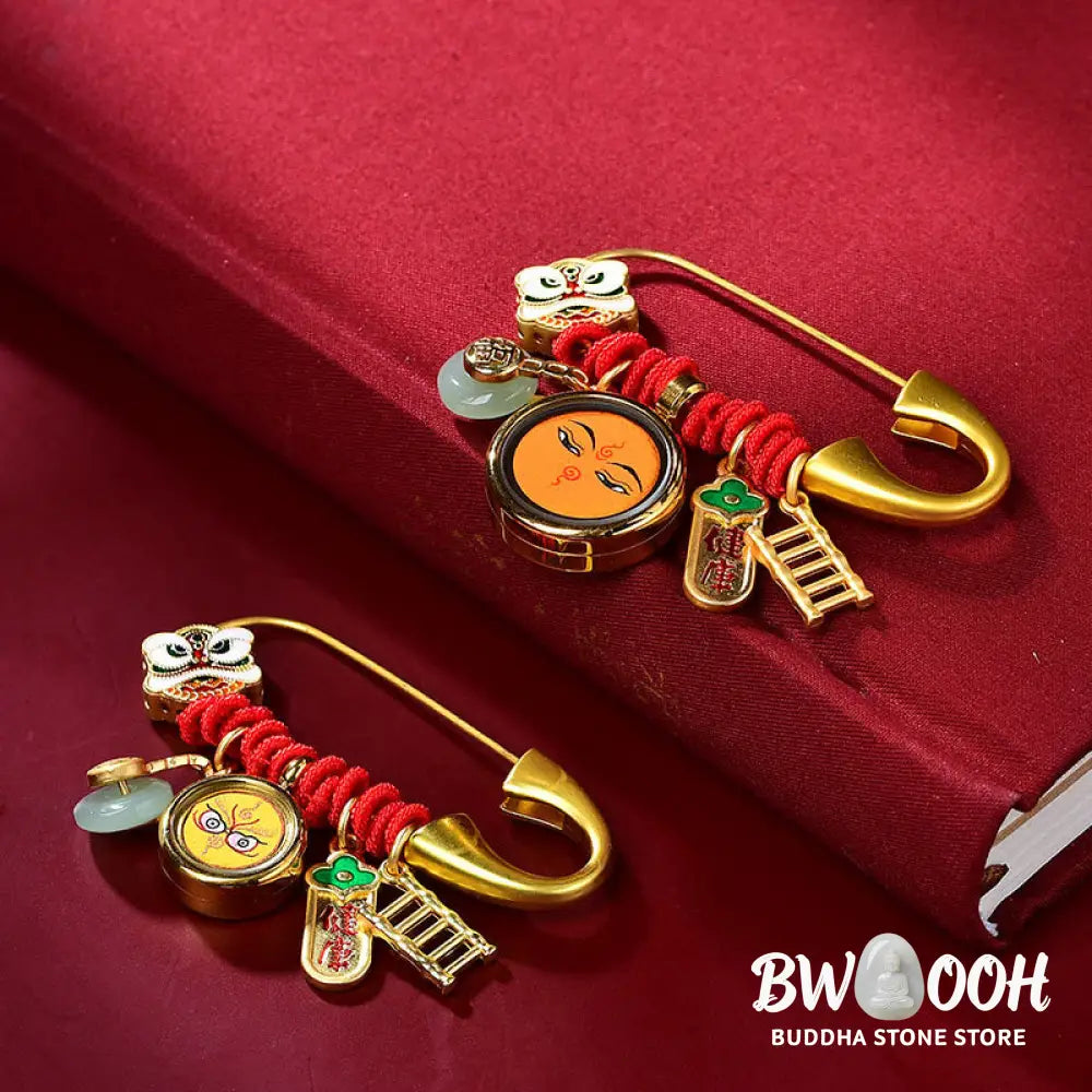 Buddha Stones Tibetan Dancing Lion Jade Peace Buckle Fu Character Safe And Well Copper Luck Brooch - Brooch