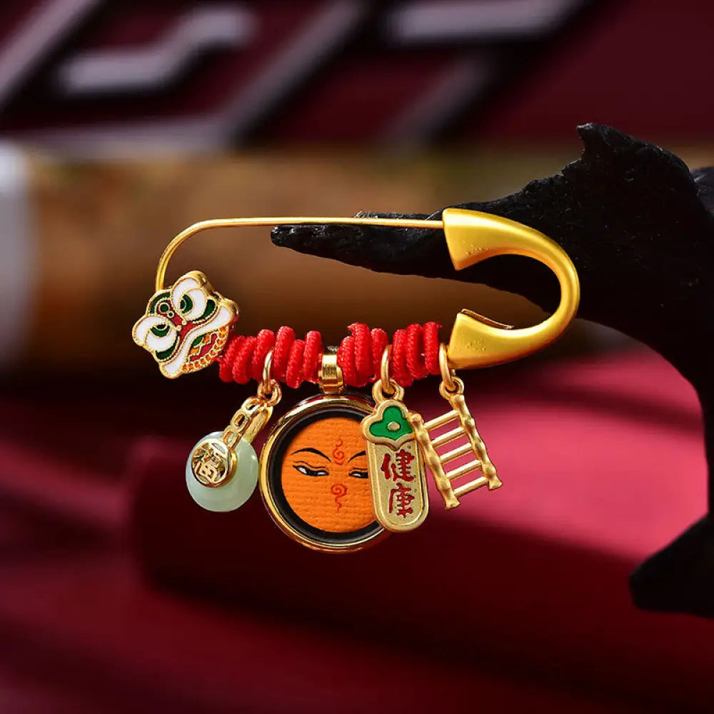 Buddha Stones Tibetan Dancing Lion Jade Peace Buckle Fu Character Safe And Well Copper Luck Brooch - Orange Brooch