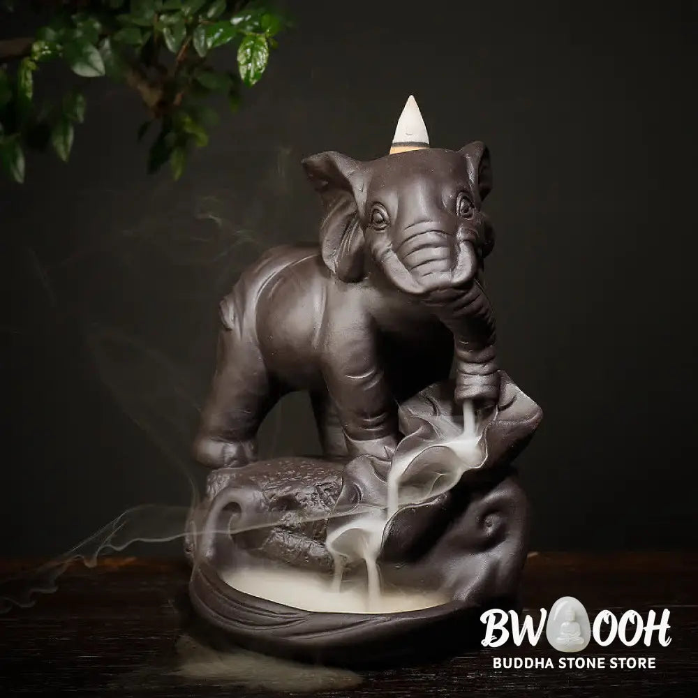 BWOOOH Tibetan Elephant Purple Clay Backflow Smoke Fountain Peace Healing Incense Burner Decoration - Brown
