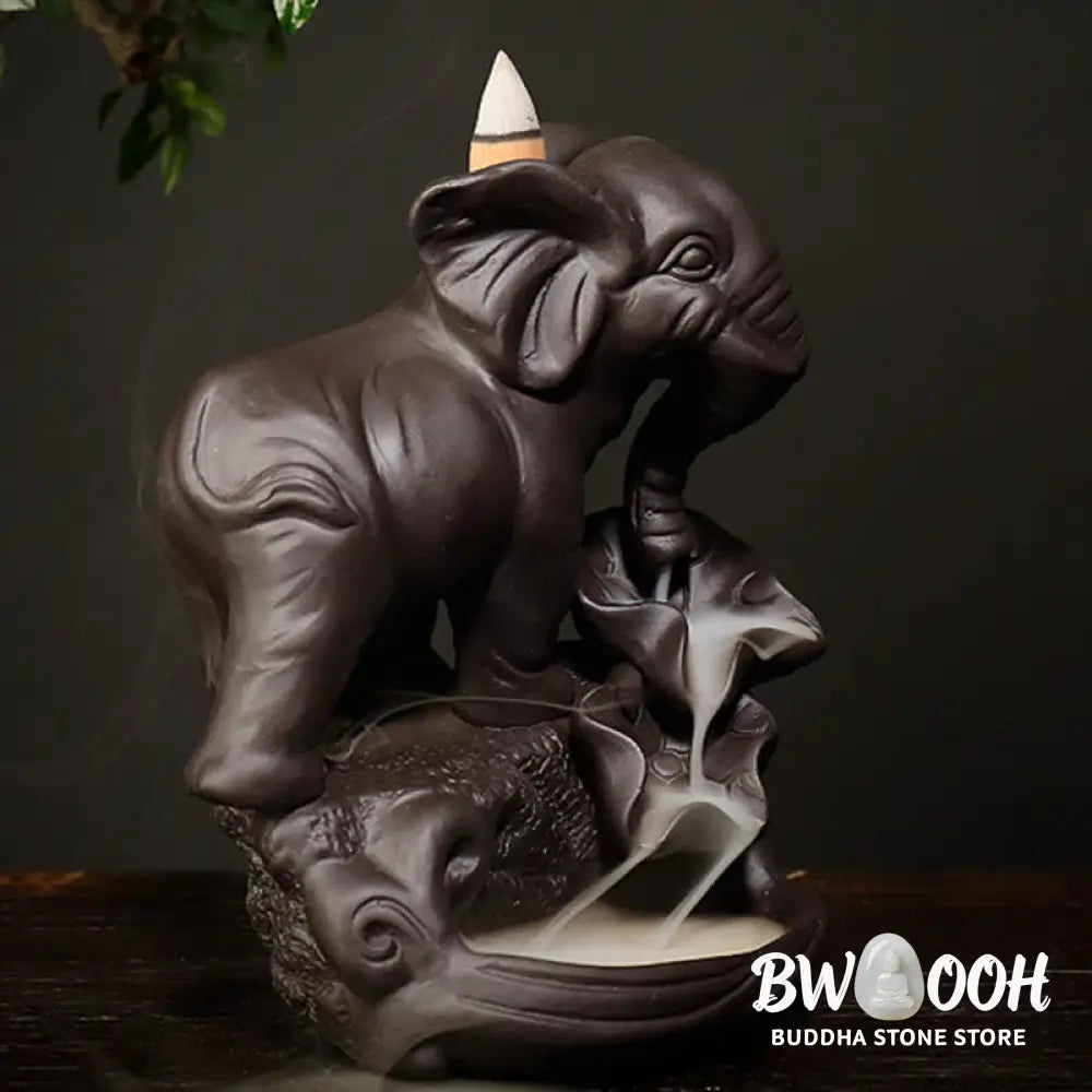 BWOOOH Tibetan Elephant Purple Clay Backflow Smoke Fountain Peace Healing Incense Burner Decoration - Brown