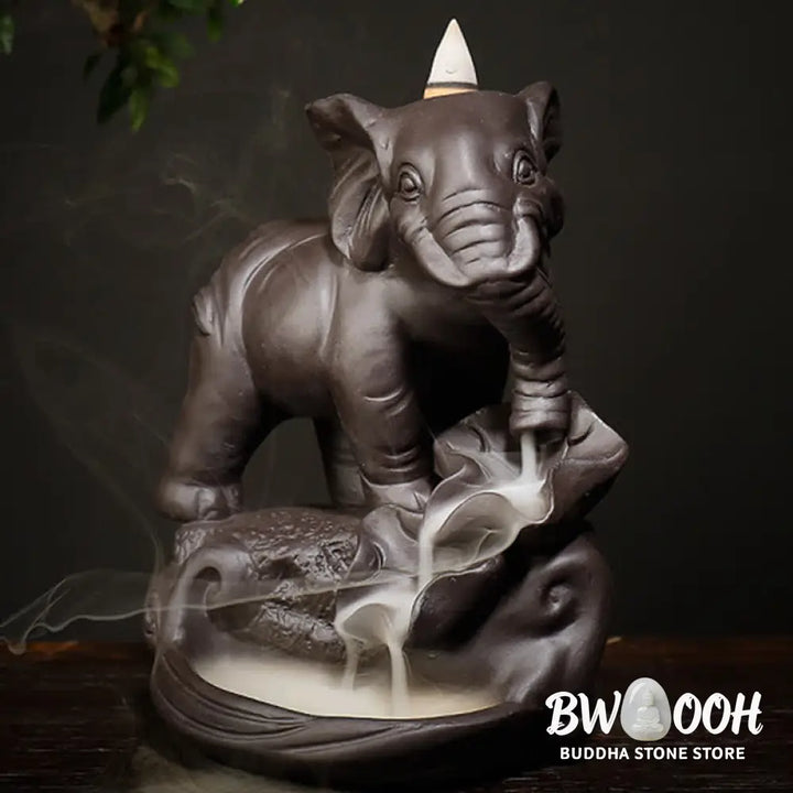 BWOOOH Tibetan Elephant Purple Clay Backflow Smoke Fountain Peace Healing Incense Burner Decoration - Brown