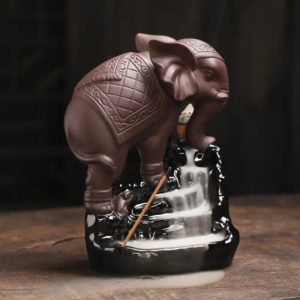 BWOOOH Tibetan Elephant Purple Clay Backflow Smoke Fountain Peace Healing Incense Burner Decoration - Brown