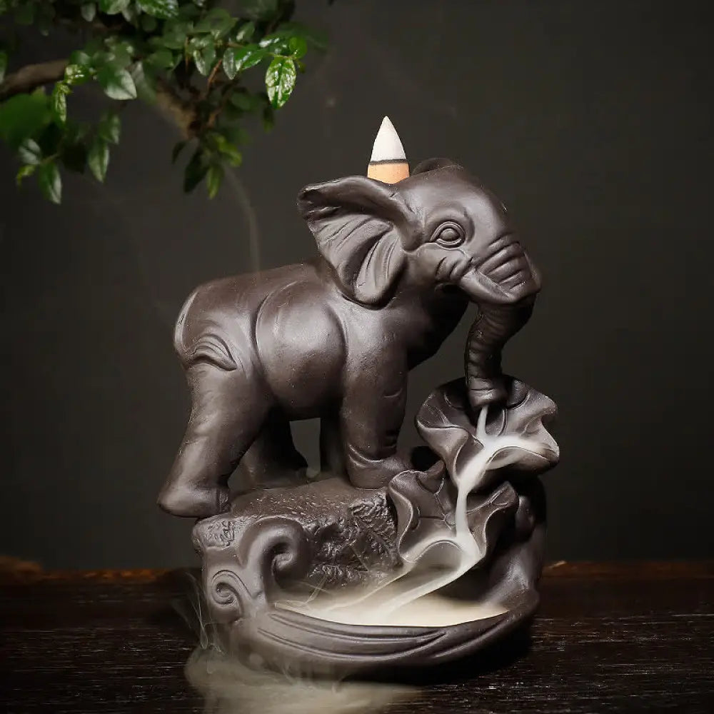 BWOOOH Tibetan Elephant Purple Clay Backflow Smoke Fountain Peace Healing Incense Burner Decoration - Brown