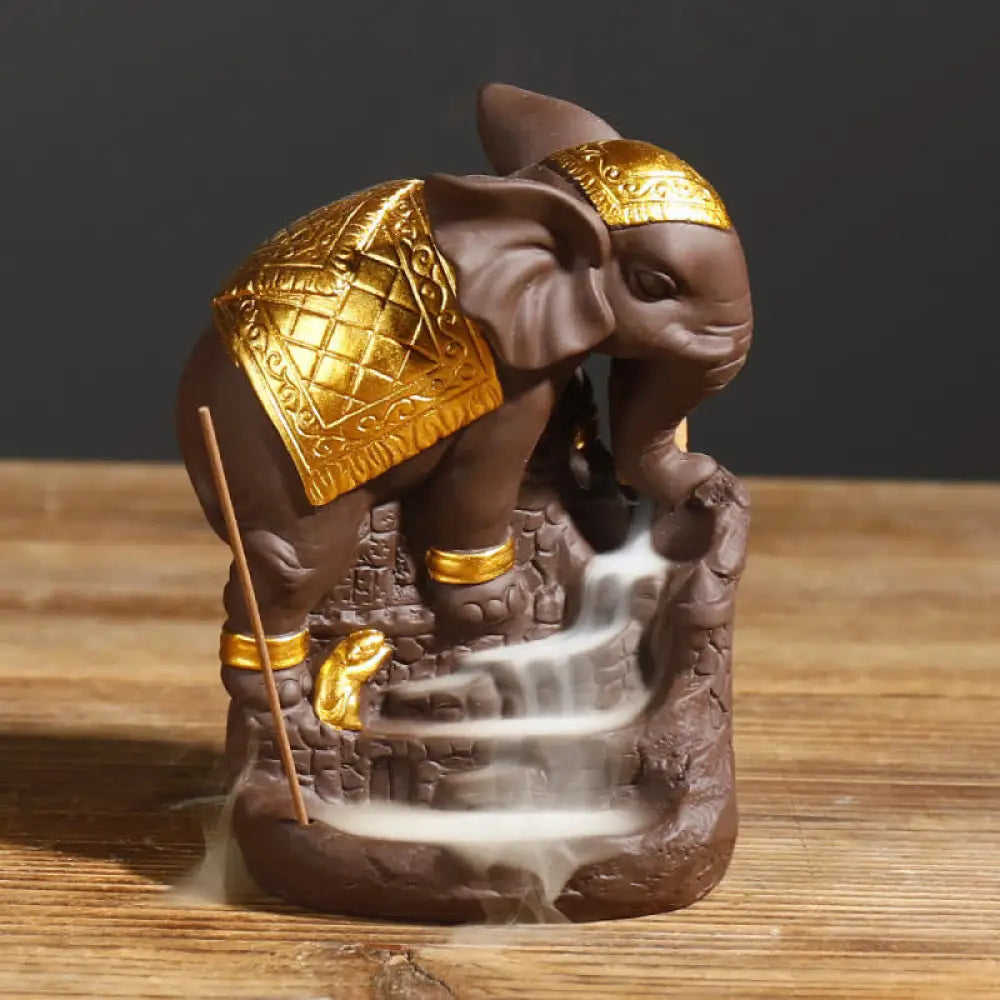 BWOOOH Tibetan Elephant Purple Clay Backflow Smoke Fountain Peace Healing Incense Burner Decoration - Brown