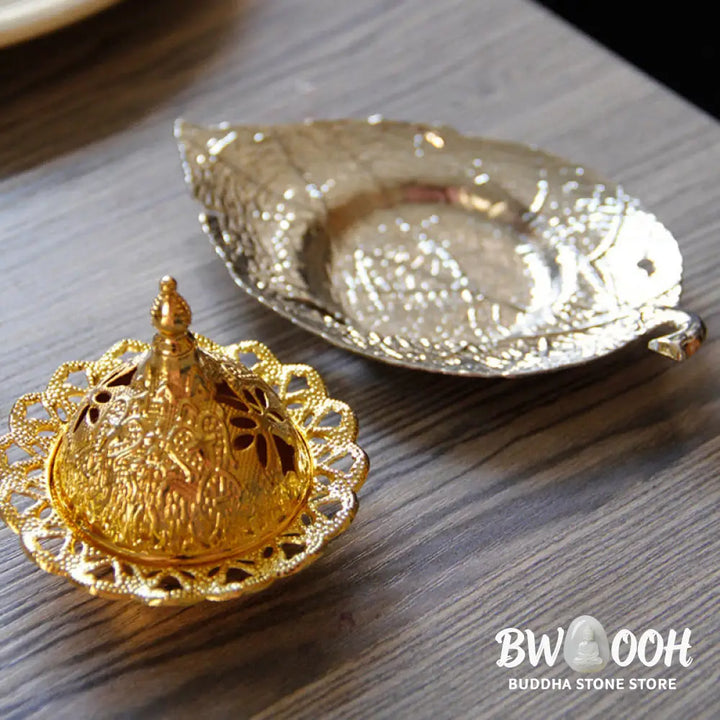 BWOOOH Tibetan Gold Mini Leaf Coaster Meditation Incense Burner - Gold Leaf Coaster&amp;Incense Burner - Incense