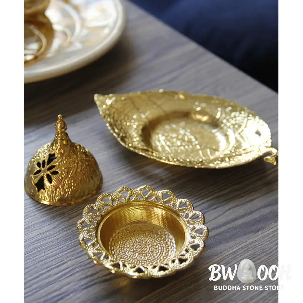 BWOOOH Tibetan Gold Mini Leaf Coaster Meditation Incense Burner - Gold Leaf Coaster&amp;Incense Burner - Incense