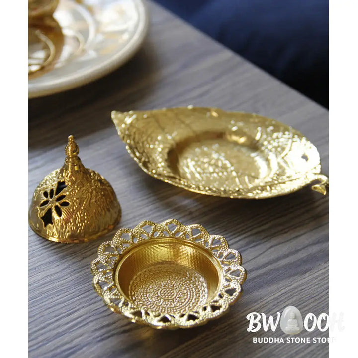 BWOOOH Tibetan Gold Mini Leaf Coaster Meditation Incense Burner - Gold Leaf Coaster&amp;Incense Burner - Incense