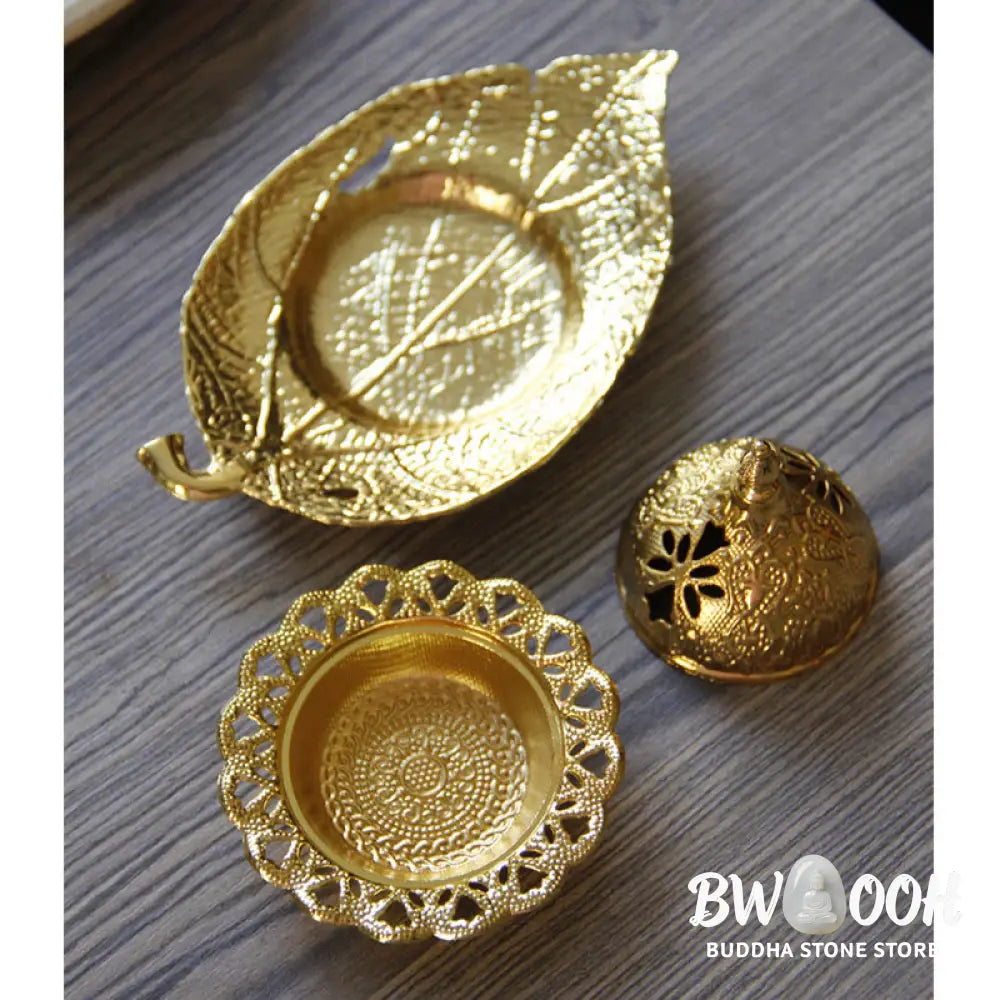 BWOOOH Tibetan Gold Mini Leaf Coaster Meditation Incense Burner - Gold Leaf Coaster&amp;Incense Burner - Incense