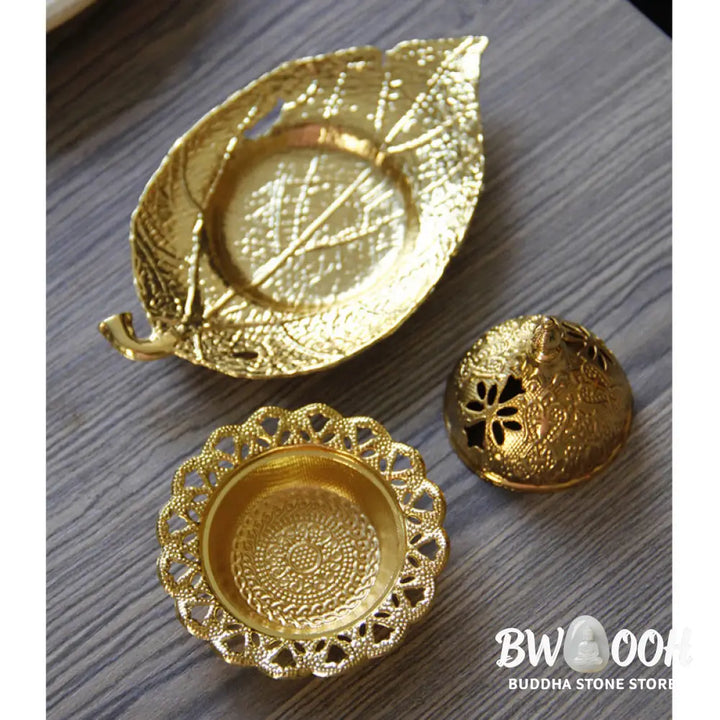 BWOOOH Tibetan Gold Mini Leaf Coaster Meditation Incense Burner - Gold Leaf Coaster&amp;Incense Burner - Incense