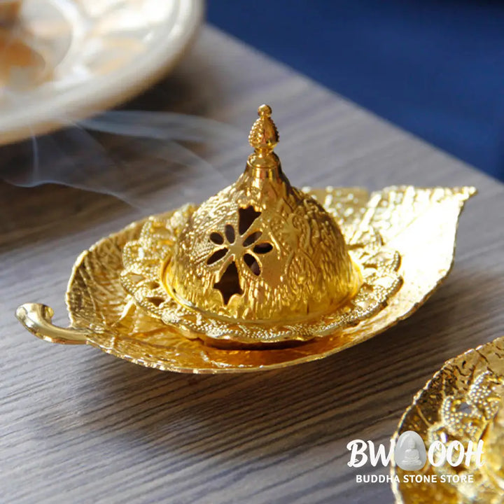 BWOOOH Tibetan Gold Mini Leaf Coaster Meditation Incense Burner - Gold Leaf Coaster&amp;Incense Burner - Incense