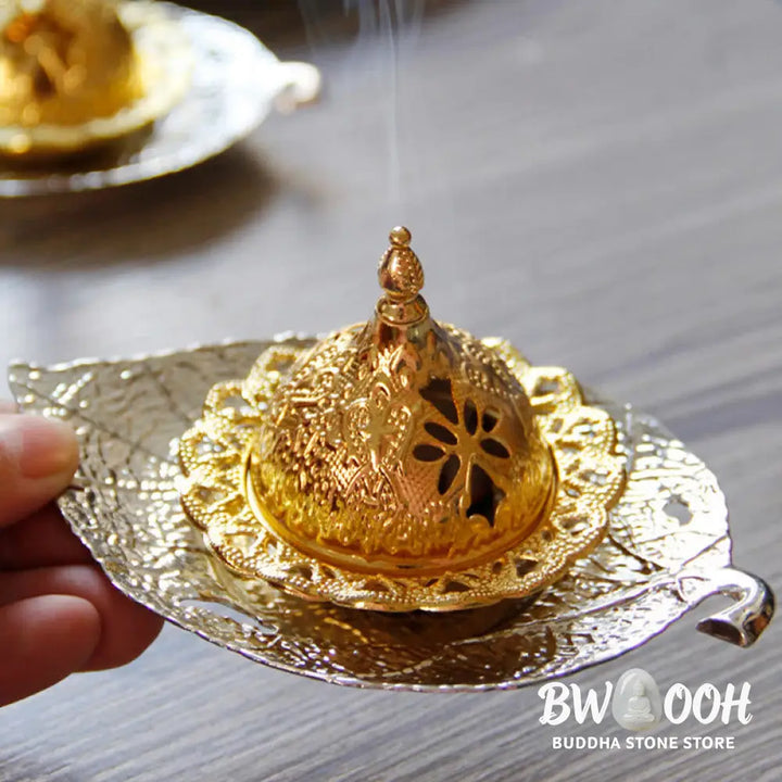 BWOOOH Tibetan Gold Mini Leaf Coaster Meditation Incense Burner - Gold Leaf Coaster&amp;Incense Burner - Incense