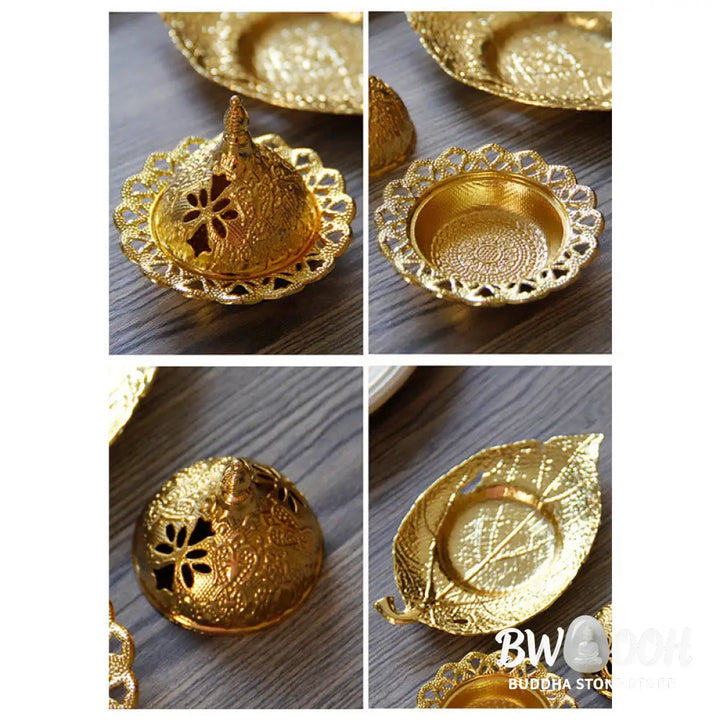 BWOOOH Tibetan Gold Mini Leaf Coaster Meditation Incense Burner - Gold Leaf Coaster&amp;Incense Burner - Incense