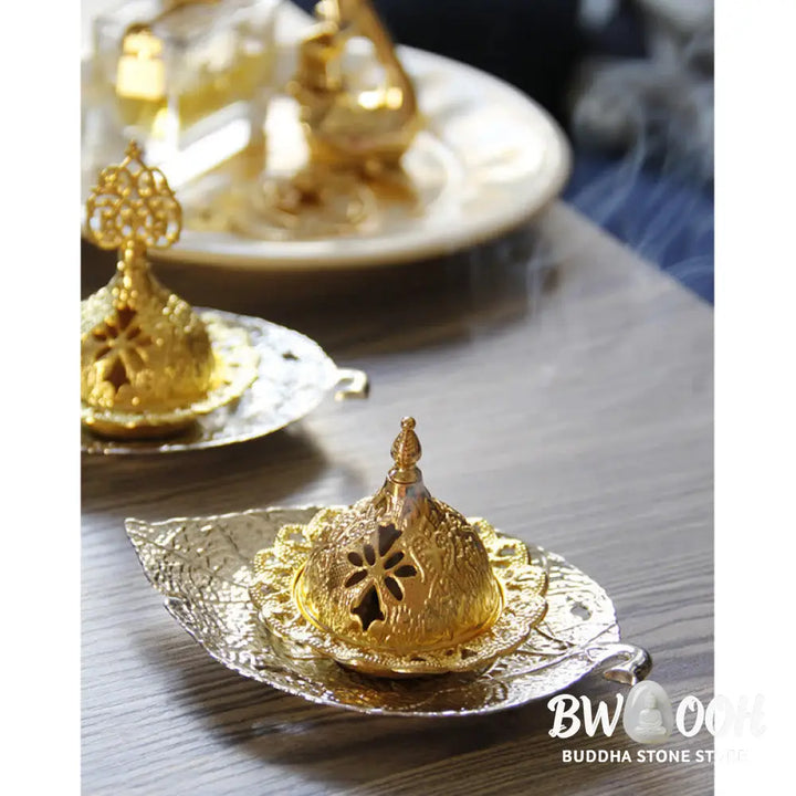 BWOOOH Tibetan Gold Mini Leaf Coaster Meditation Incense Burner - Gold Leaf Coaster&amp;Incense Burner - Incense