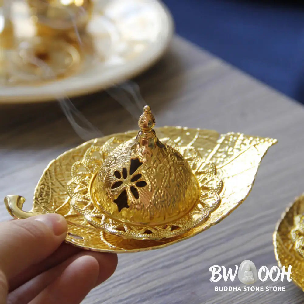 BWOOOH Tibetan Gold Mini Leaf Coaster Meditation Incense Burner - Gold Leaf Coaster&amp;Incense Burner - Incense