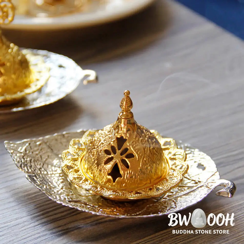 BWOOOH Tibetan Gold Mini Leaf Coaster Meditation Incense Burner - Gold Leaf Coaster&amp;Incense Burner - Incense
