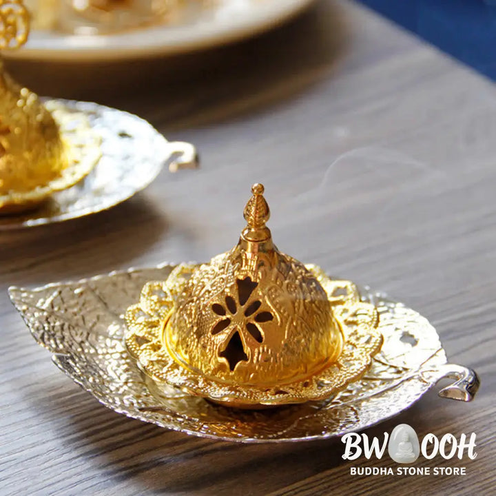 BWOOOH Tibetan Gold Mini Leaf Coaster Meditation Incense Burner - Gold Leaf Coaster&amp;Incense Burner - Incense