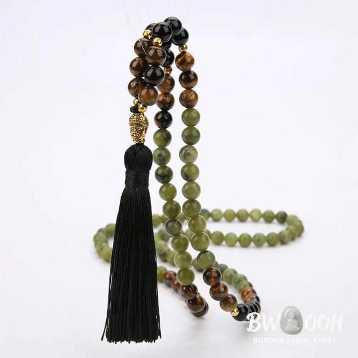 BWOOOH Tibetan Green Jasper Protection Mala Bracelet, featuring 108 polished 8mm beads of Black Onyx, vibrant Green Jasper, and luminous Tiger Eye. A sacred amulet designed for spiritual protection, grounding, and balance, enhancing meditation and daily mindfulness. Subtle copper accents visible. - View 3