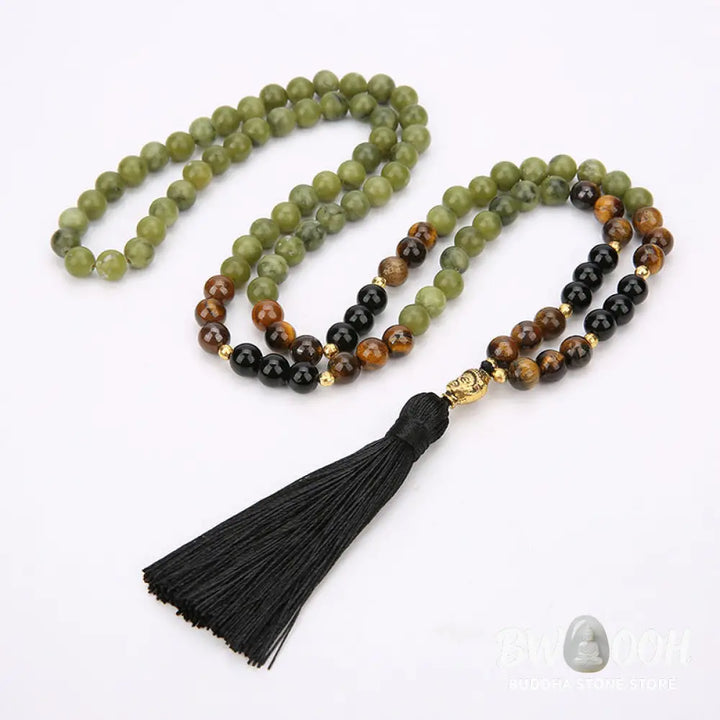 BWOOOH Tibetan Green Jasper Protection Mala Bracelet, featuring 108 polished 8mm beads of Black Onyx, vibrant Green Jasper, and luminous Tiger Eye. A sacred amulet designed for spiritual protection, grounding, and balance, enhancing meditation and daily mindfulness. Subtle copper accents visible. - View 2