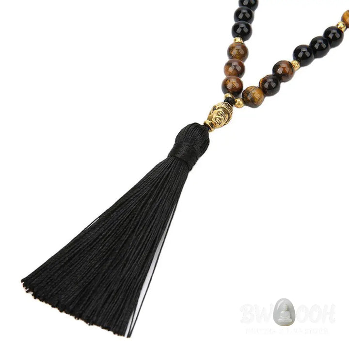 BWOOOH Tibetan Green Jasper Protection Mala Bracelet, featuring 108 polished 8mm beads of Black Onyx, vibrant Green Jasper, and luminous Tiger Eye. A sacred amulet designed for spiritual protection, grounding, and balance, enhancing meditation and daily mindfulness. Subtle copper accents visible. - View 5