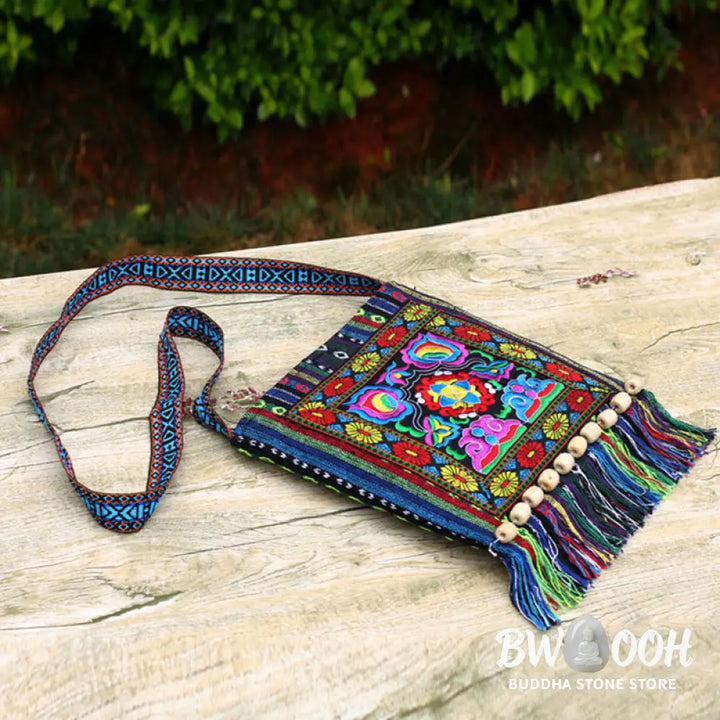 Buddha Stones Tibetan Handmade Embroidered Camellia Canvas Shoulder Bag Crossbody Bag - Crossbody Bag