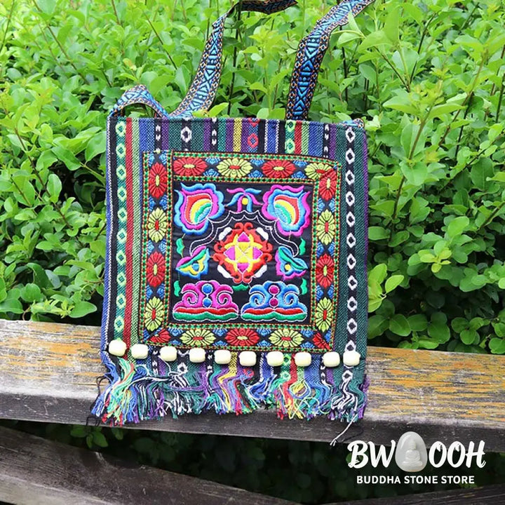 Buddha Stones Tibetan Handmade Embroidered Camellia Canvas Shoulder Bag Crossbody Bag - Crossbody Bag
