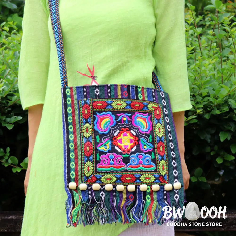 Buddha Stones Tibetan Handmade Embroidered Camellia Canvas Shoulder Bag Crossbody Bag - Crossbody Bag
