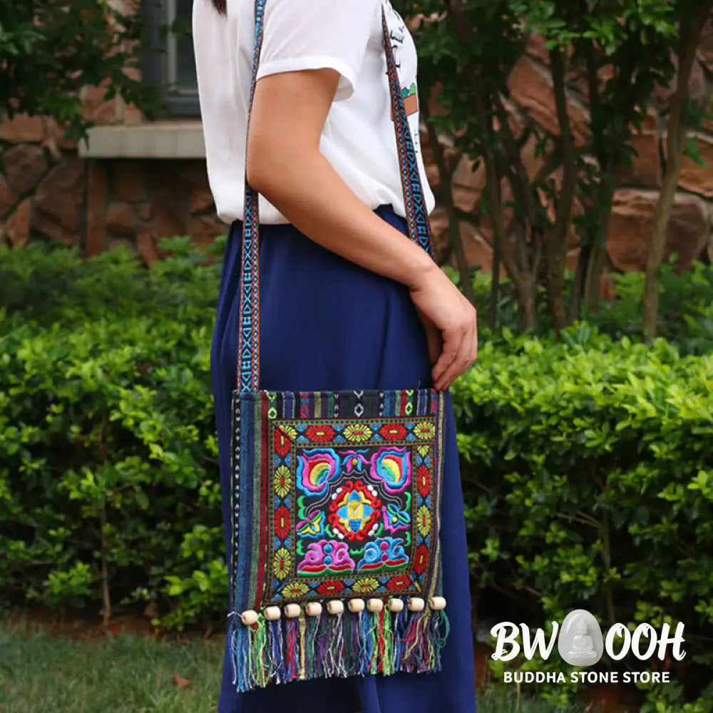 Buddha Stones Tibetan Handmade Embroidered Camellia Canvas Shoulder Bag Crossbody Bag - Crossbody Bag