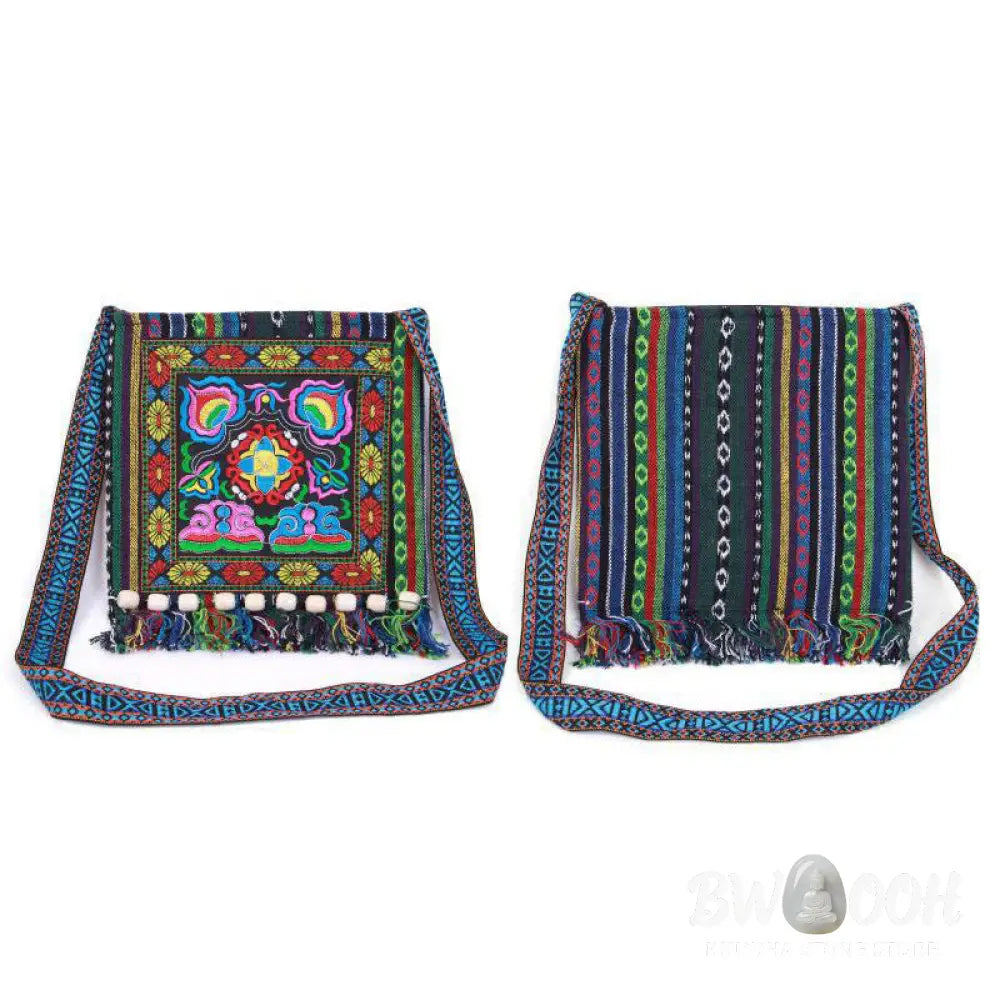 Buddha Stones Tibetan Handmade Embroidered Camellia Canvas Shoulder Bag Crossbody Bag - Crossbody Bag