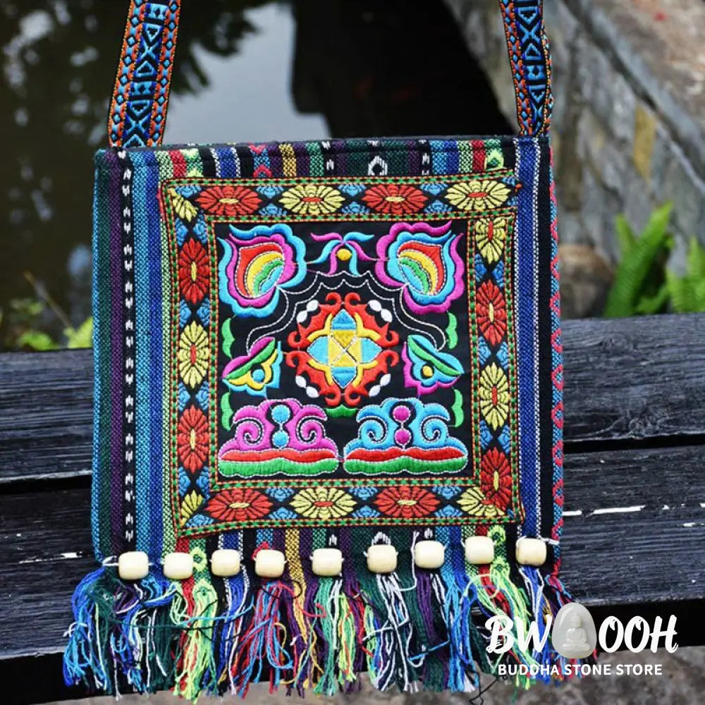 Buddha Stones Tibetan Handmade Embroidered Camellia Canvas Shoulder Bag Crossbody Bag - Crossbody Bag