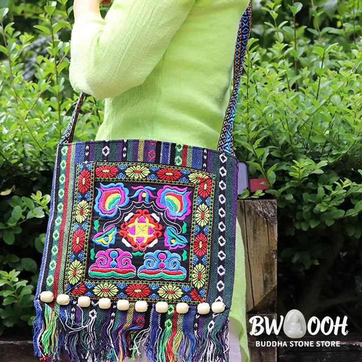 Buddha Stones Tibetan Handmade Embroidered Camellia Canvas Shoulder Bag Crossbody Bag - Crossbody Bag