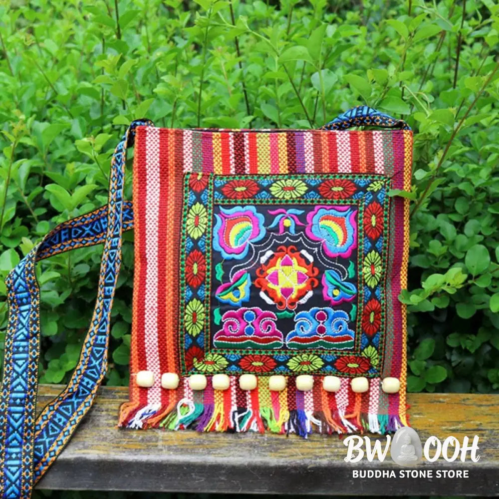 Buddha Stones Tibetan Handmade Embroidered Camellia Canvas Shoulder Bag Crossbody Bag - Crossbody Bag