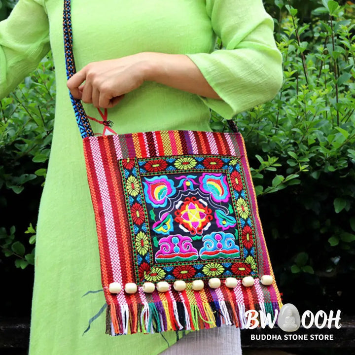 Buddha Stones Tibetan Handmade Embroidered Camellia Canvas Shoulder Bag Crossbody Bag - Crossbody Bag