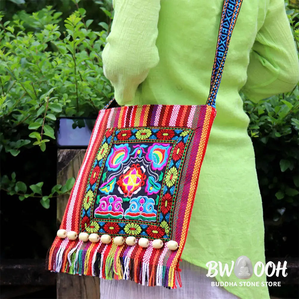 Buddha Stones Tibetan Handmade Embroidered Camellia Canvas Shoulder Bag Crossbody Bag - Crossbody Bag