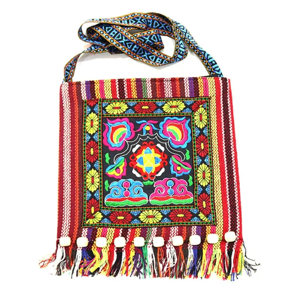 Buddha Stones Tibetan Handmade Embroidered Camellia Canvas Shoulder Bag Crossbody Bag - Red Camellia - Crossbody Bag