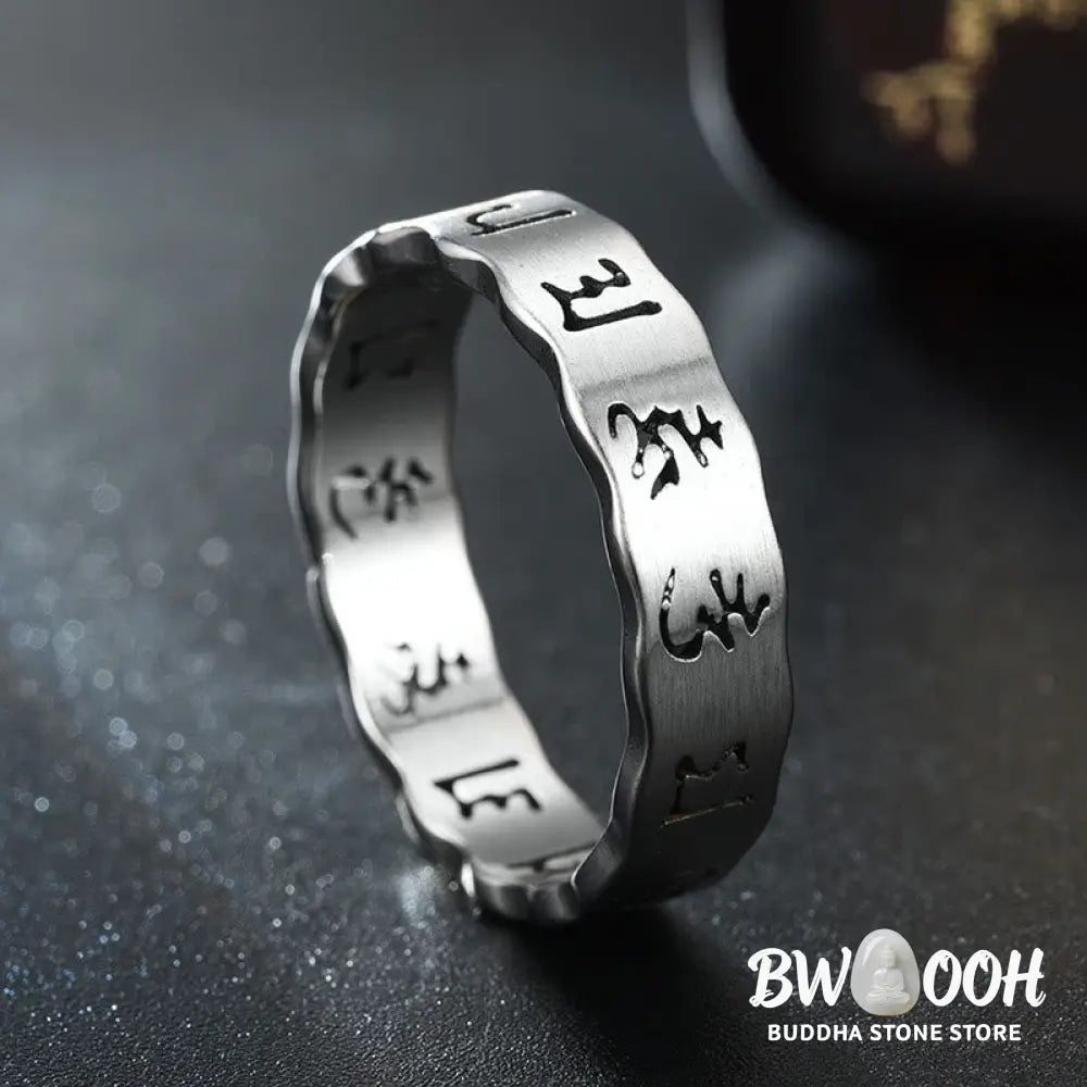 Buddha Stones Tibetan Hollow Om Mani Padme Hum Titanium Steel Balance Ring - Ring