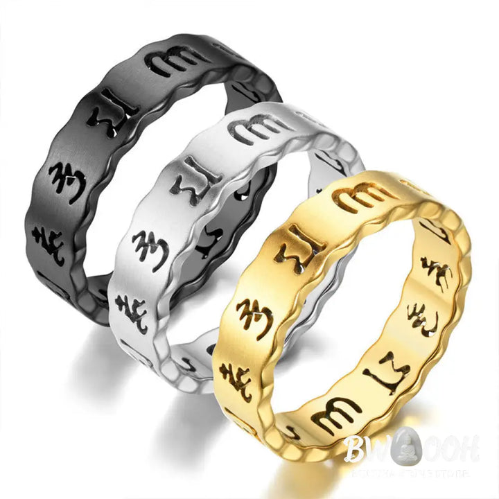 Buddha Stones Tibetan Hollow Om Mani Padme Hum Titanium Steel Balance Ring - Ring