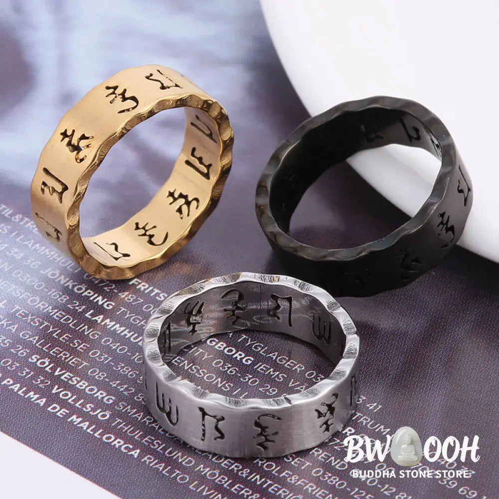 Buddha Stones Tibetan Hollow Om Mani Padme Hum Titanium Steel Balance Ring - Ring