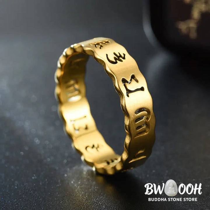 Buddha Stones Tibetan Hollow Om Mani Padme Hum Titanium Steel Balance Ring - Ring