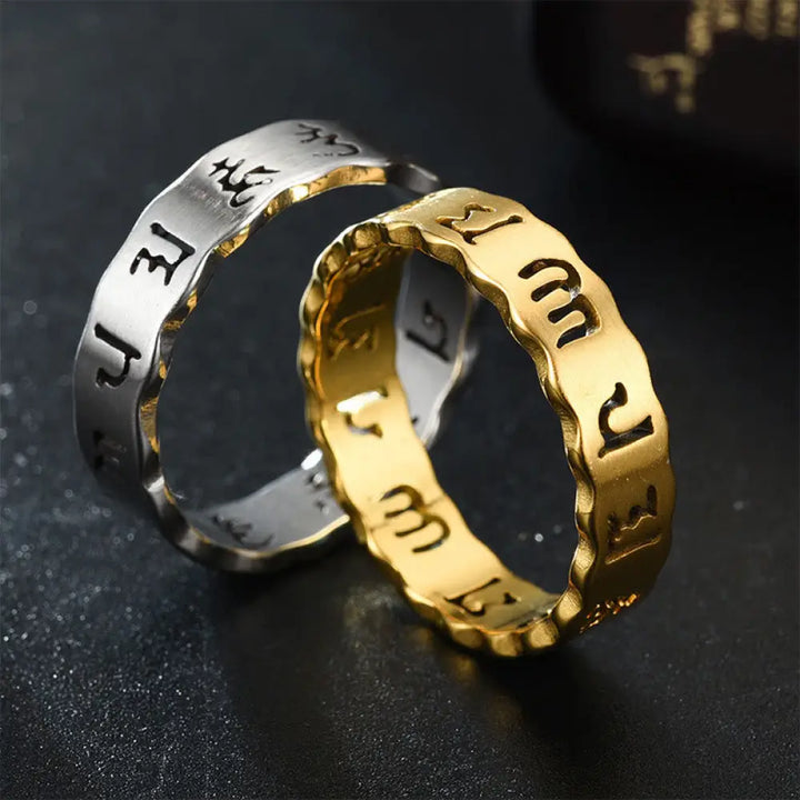 BWOOOH Tibetan Hollow Om Mani Padme Hum Titanium Steel Balance Ring — natural stone Tibetan bracelet for spiritual healing...