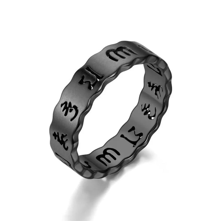 Buddha Stones Tibetan Hollow Om Mani Padme Hum Titanium Steel Balance Ring - Black / US6 - Ring