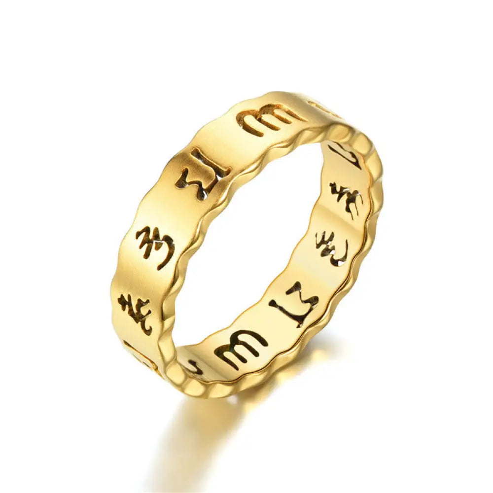 Buddha Stones Tibetan Hollow Om Mani Padme Hum Titanium Steel Balance Ring - Golden / US6 - Ring